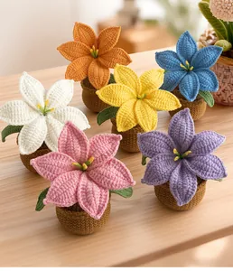 Detailed view of six handmade crochet potted lily flowers on a warm wooden tabletop