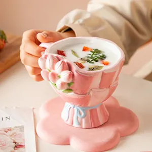 Handgefertigter 3D-Relief-Tulpenstrauß-Keramikbecher Kaffeetasse Mit Schleifendekoration Für Frühstück Milch Damen Geschenk