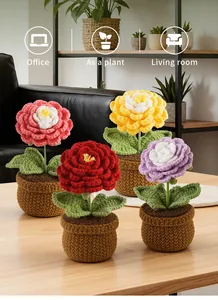 Detail of four colorful crochet flower pots in red, pink, yellow, and purple yarn