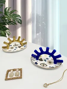 Bandeja para joyas de cerámica con motivos de ojo turco azul y dorado con detalles