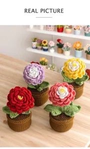 Top-down view of colorful handmade crochet ranunculus flowers in brown knitted pots