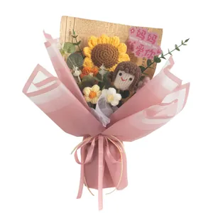Handmade knitted sunflower bouquet with cute girl doll and Mother's Day heart topper