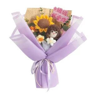 Hand-crocheted sunflower bouquet with doll and Mother's Day card in purple wrap