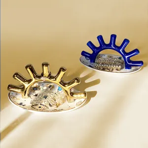 Bandejas de cerámica para joyas con diseño de ojo turco en oro y azul para anillos