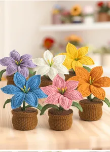 Detailed set of six handmade crochet potted lily flowers in assorted vibrant colors