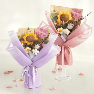 Handmade crochet sunflower bouquet with doll and Mother's Day card in gift wrap