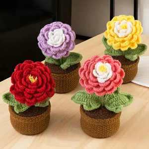 Handmade Crochet Flower Potted Plant Milk Cotton Artificial Ranunculus Sunflower Desktop Ornament Home Office Decor Gift