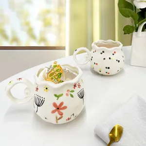 Hand Painted Floral Ceramic Mug With Wavy Rim And Curly Handle French INS Style Porcelain Afternoon Tea Coffee Cup For Women