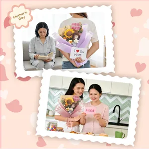 Hand-knitted sunflower bouquet with cute dolls and I Love You Mom card for Mother's Day
