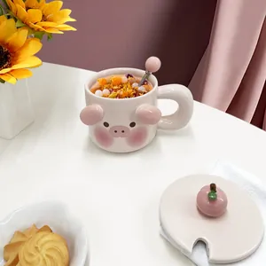 Set tazza in ceramica 3D maialino con coperchio a pesca e cucchiaio per mescolare rosa