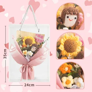 Handmade crochet sunflower bouquet set with doll and Mother's Day gift card in clear bag