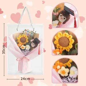 Knitted graduation flower bouquet with crochet sunflower and doctoral doll in a gift bag