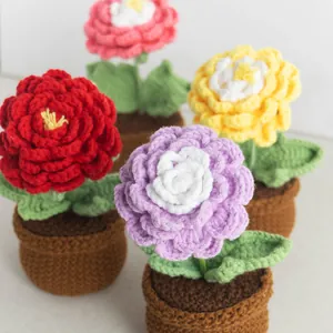 Handmade crochet ranunculus flower bouquets in colorful mini pots for home decor