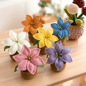 Set of 6 colorful handmade crochet lily flower potted plants for desk decoration