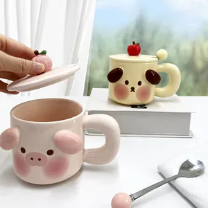 Set tazza 3D in ceramica con coperchio e cucchiaio, design carino maialino e cane