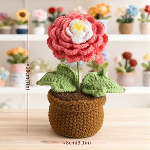 Handmade crochet pink peony flower in knitted pot 18cm tall gift home decoration