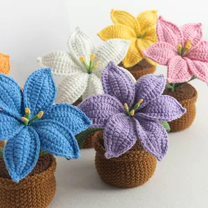 Handmade crochet lily flower potted plants in various vibrant colors for desk decoration