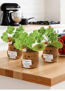 Drie handgemaakte gehaakte planten met motiverende kaarten op een houten tafelblad