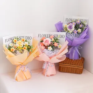 Three handmade crochet bouquets in pink, yellow and purple with luxury wrapping