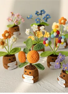 Detail van handgehaakte mini-planten met motiverende kaarten en schattige gezichtjes