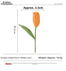 Macro detail of hand-knitted orange tulip showing dimensions of 42cm height and 3.5cm width
