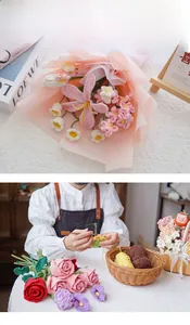 Detailed view of DIY crochet flower kit with yarn balls and handmade floral bouquet