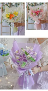 Detail of handmade crochet tulip bouquets with Just for you ribbons in various colors