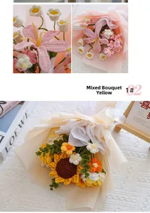 Detail of hand-crocheted bouquet with sunflower and lily in soft yellow packaging