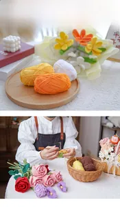 DIY crochet kit materials and handmade knitted tulips with roses in vibrant colors
