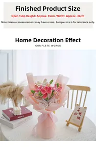 Detailed view of hand-knitted pink tulips with 45cm height in aesthetic packaging