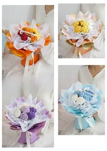 Detailed close-up of handmade crochet rose bouquets in diverse color combinations