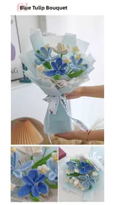Macro detail of blue crochet tulip bouquet with handmade knitted textures and gift wrap
