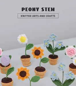 Detailed view of handmade knitted potted flowers including sunflower and rose varieties
