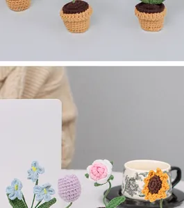 Detailed close-up showing the handmade knit textures of colorful crochet mini potted flowers
