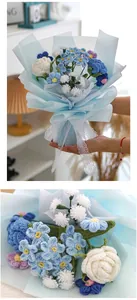 Macro view and hand-held shot of a blue and purple hand-knitted crochet flower bouquet