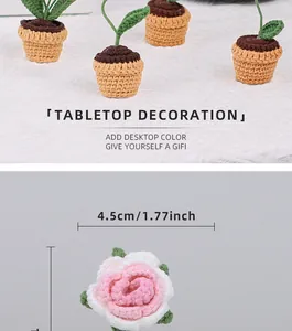 Detailed view of handmade crochet potted plants with pink rose and size measurements