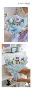 Detail of hand-knitted crochet bouquet with blue wrapping and elegant white lace ribbon