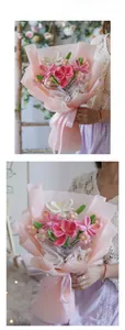Handmade crochet pink tulip bouquet wrapped in premium paper with decorative ribbons
