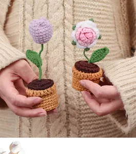 Handcrafted crochet tulip and rose mini potted plants with exquisite knit texture
