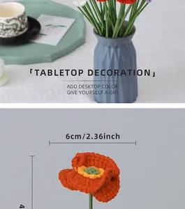 Detailed size view of handcrafted crochet poppy flower with 6cm width and home decor scene