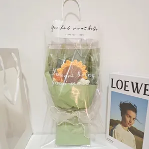 Handmade Crochet Knitted Sunflower Bouquet Yarn Flowers With Transparent Gift Bag Eternal Flower For Teacher Mother Birthday Graduation Gift