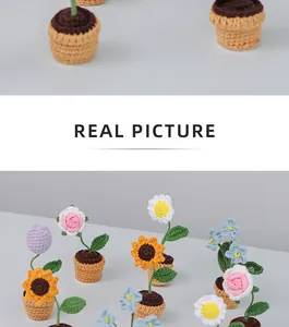 Detailed view of hand-crocheted mini flowers including sunflowers and daisies in pots