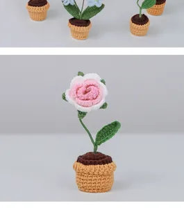 Detail showing handcrafted pink and white gradient crochet rose in a mini knit pot