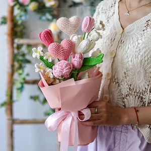 Handmade crochet flower bouquet with pink hearts and roses wrapped for Valentines Day