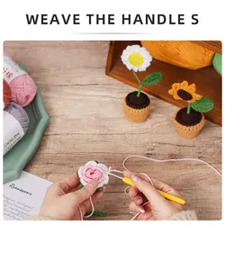DIY crochet kit showing cotton yarn, metal hook and finished handmade flower pot plant