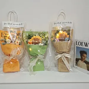 Handcrafted crochet sunflower bouquets with warm LED lights in premium gift bags