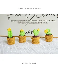 Macro view of four crochet cactus succulents with yellow flowers in brown knitted pots