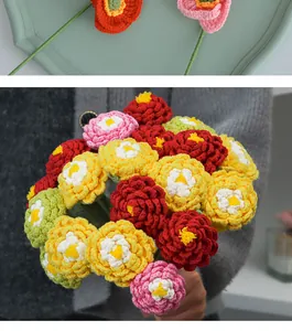 Detailed close-up of handmade crochet poppy flower bouquet with vibrant petals