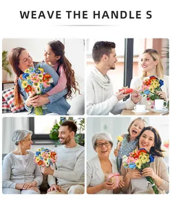 Detailed crochet texture of handmade colorful knitted poppy bouquets for gifts
