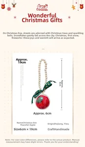 Detail of a handmade crochet Christmas apple ornament with pearls and a green bow